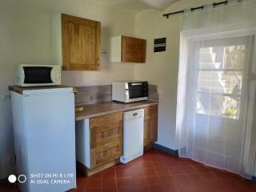 La cuisine est équipée d'un four micro-ondes et d'un réfrigérateur. dans l'établissement La ferme Ranc - gite le levant, à Gagnières