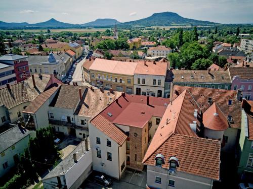 an aerial view of a town with buildings at Fürge cselle apartman in Tapolca