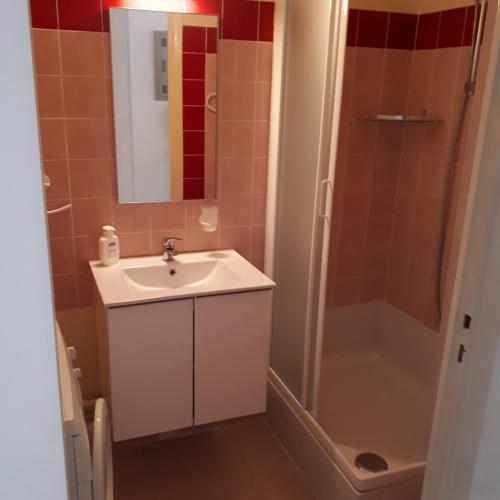 une salle de bain avec un lavabo et une douche dans l'établissement Acapulco, à Fréjus