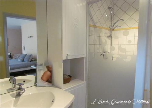 a bathroom with a sink and a shower with a mirror at L'Escale Gourmande in Hatrival