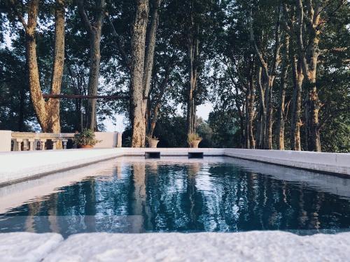 a swimming pool in front of a bunch of trees at Fontclaire en Provence in Uchaux