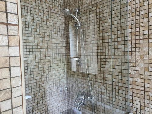 a shower in a tiled bathroom with a mirror at Rīti Siguldā in Stīveri