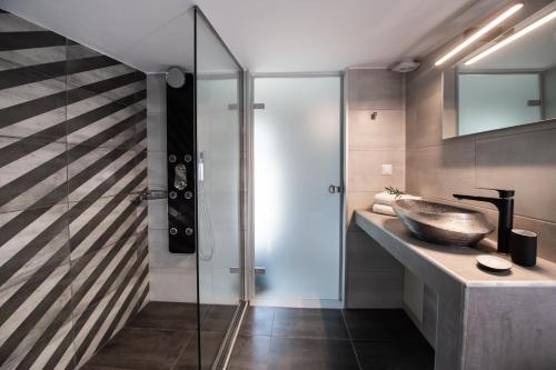 a bathroom with a sink and a glass shower at ANATOLI VILLAS in Nikiana