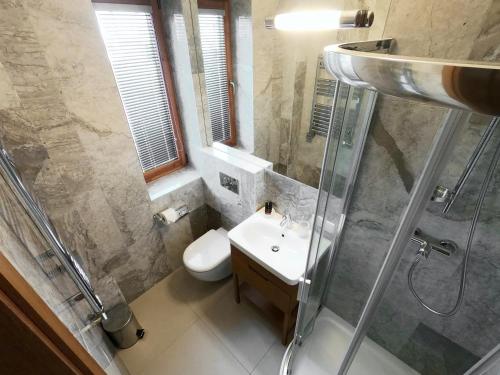a bathroom with a shower and a toilet and a sink at Palanga Visit Apartments and SPA in Palanga