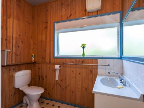 a bathroom with a toilet and a sink and a window at Oceans 12 in Anglesea