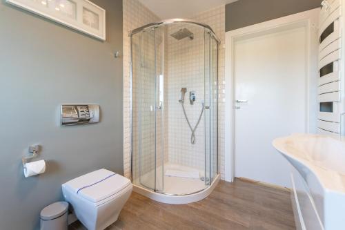 a bathroom with a shower and a toilet and a sink at Marina in Międzyzdroje