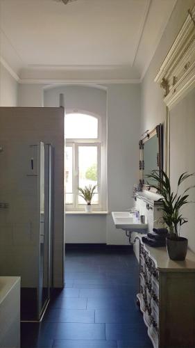 a bathroom with a sink and a mirror at Andrés Ferienwohnung DELUXE in Cottbus