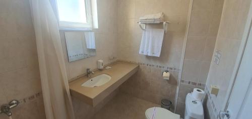 W łazience znajduje się umywalka, toaleta i lustro. w obiekcie Diamond Hotel w Primorsku