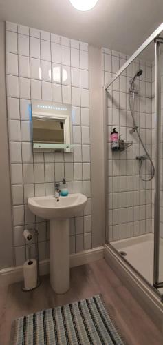 a bathroom with a sink and a shower at Rocky Cove Bed and Breakfast in Ilfracombe