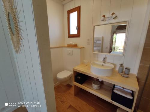 a bathroom with a sink and a toilet at Centre Cap-ferret, les chambres du phare, océan in Bélisaire