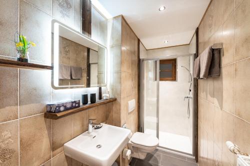a bathroom with a sink and a toilet and a mirror at Biochalet Märkl in Bad Kleinkirchheim