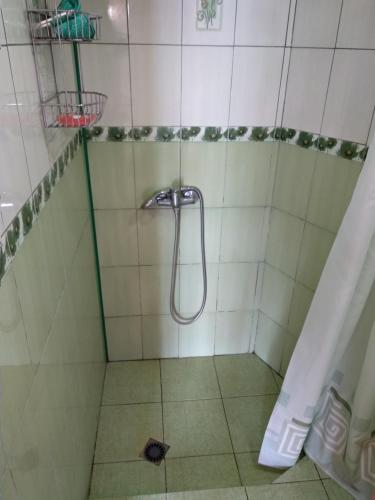 La salle de bains carrelée est pourvue d'une douche avec un tuyau. dans l'établissement Садиба у затишку, à Svityazʼ