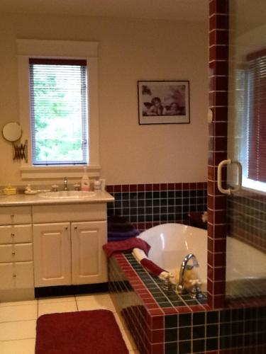 a bathroom with a tub and a sink at Wisteria Honeymoon Cottage in Sooke