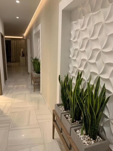 a hallway with plants and a wall at Artist Terrace Apartments in Mellieħa