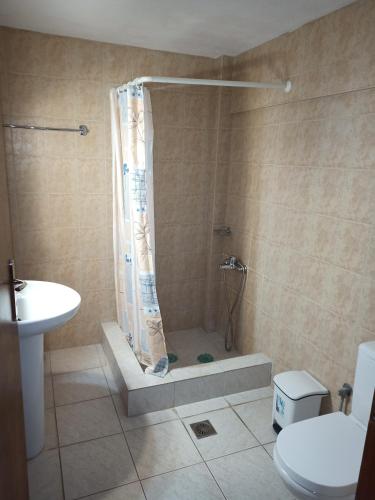 a bathroom with a shower with a toilet and a sink at Marietta's Apartments in Agios Andreas