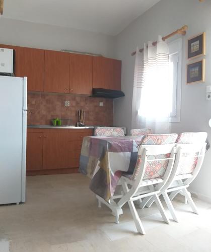 a kitchen with a table and chairs and a refrigerator at THE GEORGE APARTMENTS in Nea Kalikratia