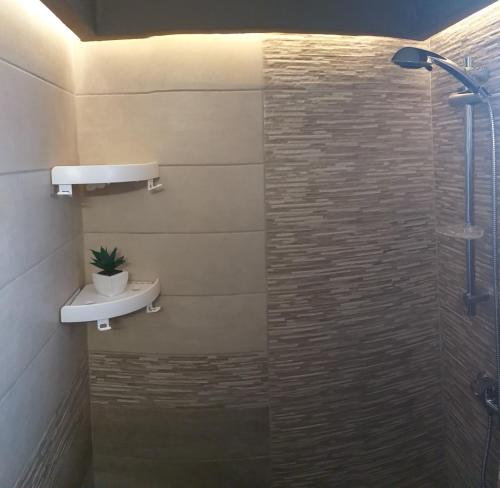 a bathroom with a shower with a stone wall at THE GEORGE APARTMENTS in Nea Kalikratia