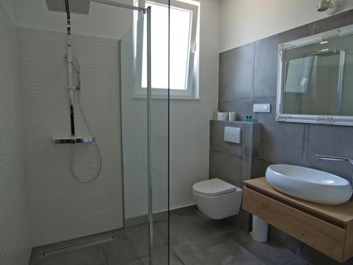 a bathroom with a shower and a toilet and a sink at Villa Papalina 3 in Barbat na Rabu