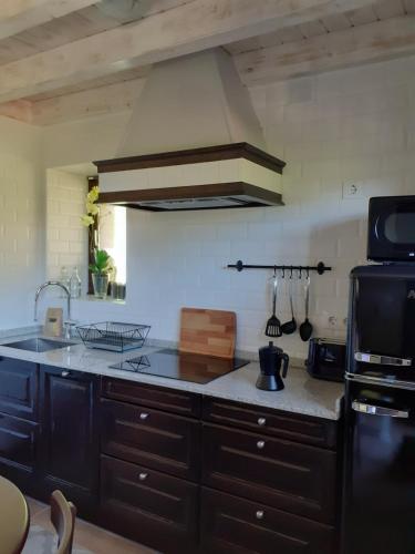 里瓦德塞利亞的住宿－La Vierta Casa Rural Agroturismo，厨房配有水槽和炉灶 顶部烤箱