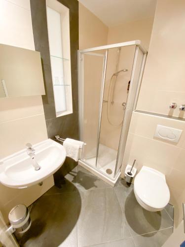 a bathroom with a shower and a toilet and a sink at Hotel Wikingerhof in Kropp