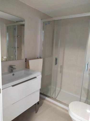 a bathroom with a shower and a sink and a toilet at Apartamento Duna Beach in Torrox