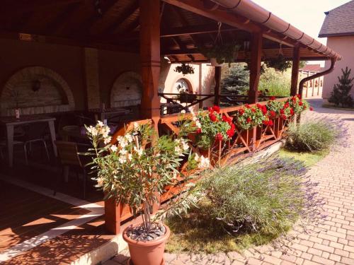 a patio with flowers and plants in a building at Пансіонат Маленька Квітка Kis Virág Panzió in Velyka Bihanʼ