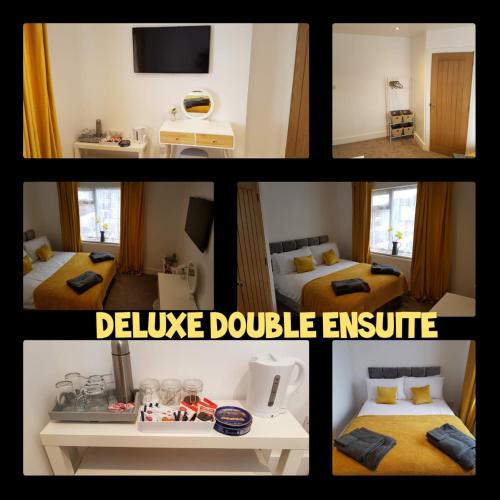 a collage of four pictures of a hotel room at Rosie flanagan's in Skegness