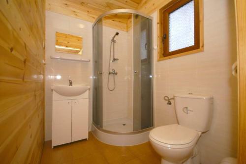 a bathroom with a shower and a toilet and a sink at Przy morzu in Jarosławiec