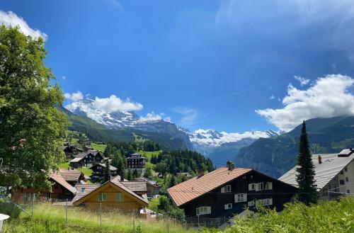 a village in the mountains with mountains in the background at Hotel Regina in Wengen