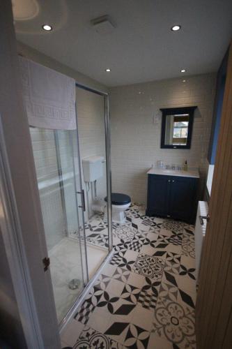 a bathroom with a shower and a toilet at The Sunningdale in Bamburgh