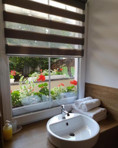 a bathroom with a sink and a window with flowers at Gogol 14 Апартаменти в історичному центрі міста in Uzhhorod