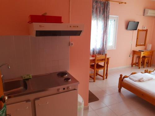 a kitchen with a sink and a stove in a room at STUDIOS LEFTERIS in Nydri