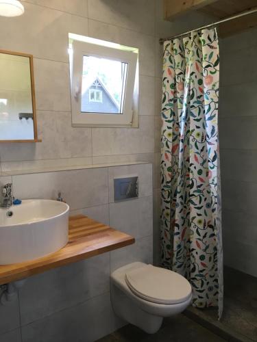 a bathroom with a sink and a toilet and a shower curtain at Mazurska Zagroda Domki Letniskowe in Rydzewo