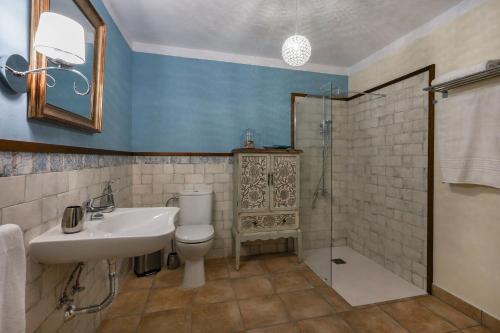 ein Bad mit einem Waschbecken, einem WC und einer Dusche in der Unterkunft Villa La Malvasia in Fuencaliente de la Palma