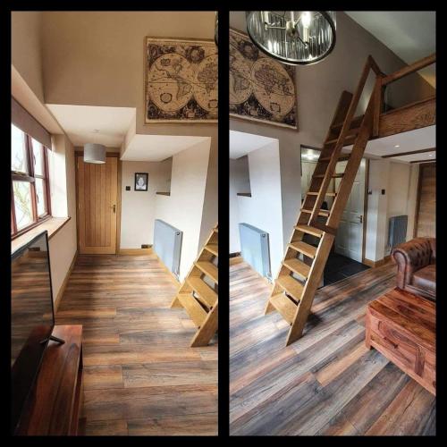 two pictures of a room with a staircase in a house at Longland Guest House in Hereford