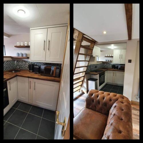 two pictures of a kitchen with a couch in the middle at Longland Guest House in Hereford