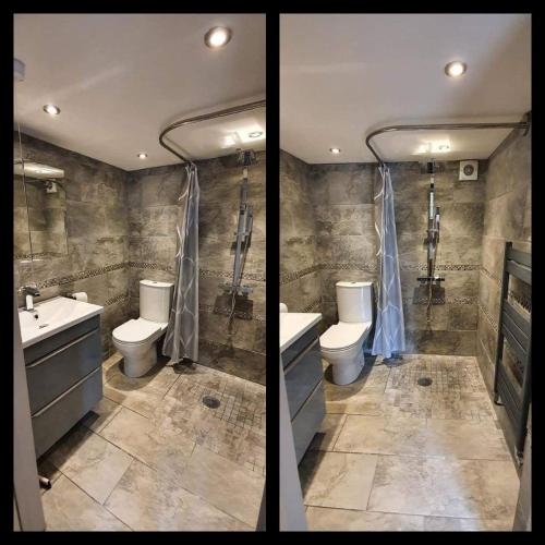 twee foto's van een badkamer met twee toiletten en een wastafel bij Longland Guest House in Hereford