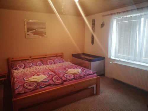 a small bedroom with a bed and a window at Apartmán Za kostelem in Zvole