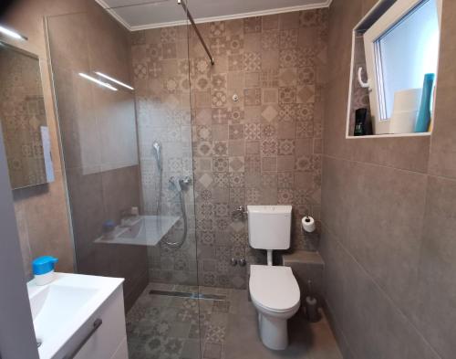 uma casa de banho com um chuveiro, um WC e um lavatório. em Apartment Blue Mediteran em Mlini