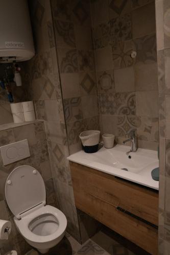une salle de bain avec toilettes et lavabo dans l'établissement coeur de ville t2, terrasse, clim tt équipe, parking, à Sanary-sur-Mer