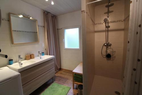 een badkamer met een wastafel, een spiegel en een douche bij Logement, rez-de-jardin d’une maison, orée du bois in Vals-les-Bains