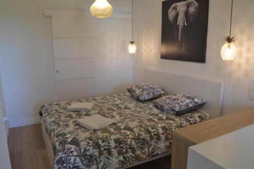 een slaapkamer met een bed met 2 kussens erop bij Le Bompard 50 m2 Villa Art Déco Plein centre avec jardin in Rodez