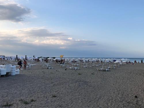 a group of beach chairs and people on the beach at Pensiunea Pont-Euxin in Constanţa