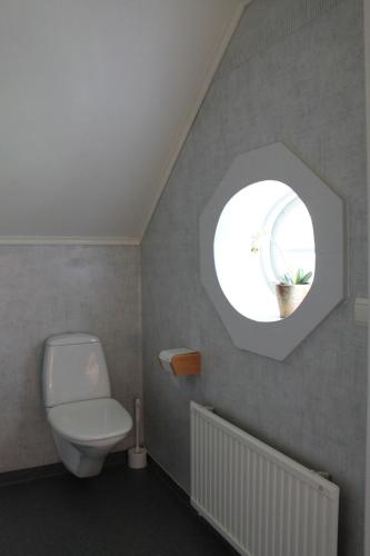 a bathroom with a toilet and a round window at Wanbo Herrgård in Nedre Vanbo