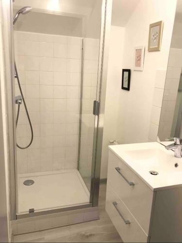 une salle de bain avec douche et lavabo dans l'établissement La maison de ville - 4 chambres, 2 sdb, terrasse et garage - 90m2, à Vesoul