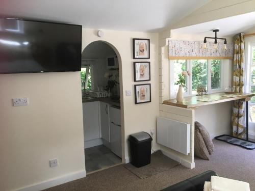 cocina con TV de pantalla plana en la pared en Woodland Cabin With private Wood-Fired Hot-Tub en Farnham