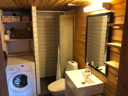 a bathroom with a washing machine and a washer at Sørlia hytte in Hafjell
