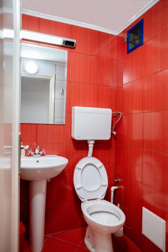 a red bathroom with a toilet and a sink at Bubamara Nikole Pasica in Kragujevac