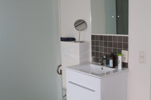a white bathroom with a sink and a mirror at B&B Molen Ter Walle in Geraardsbergen