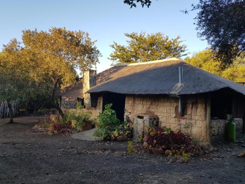 umbabala bush camp في روستنبرج: منزل حجري صغير بسقف من القش